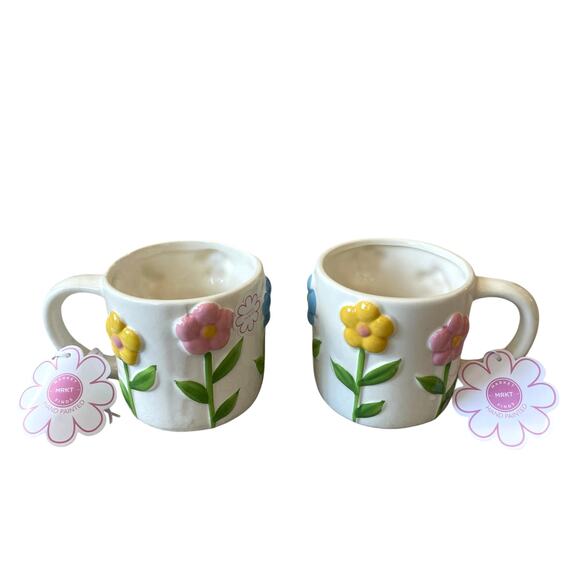 Hand Painted 3D Spring Floral Ceramic Mugs Pink Blue Yellow Set of 2 NEW - Picture 7 of 16